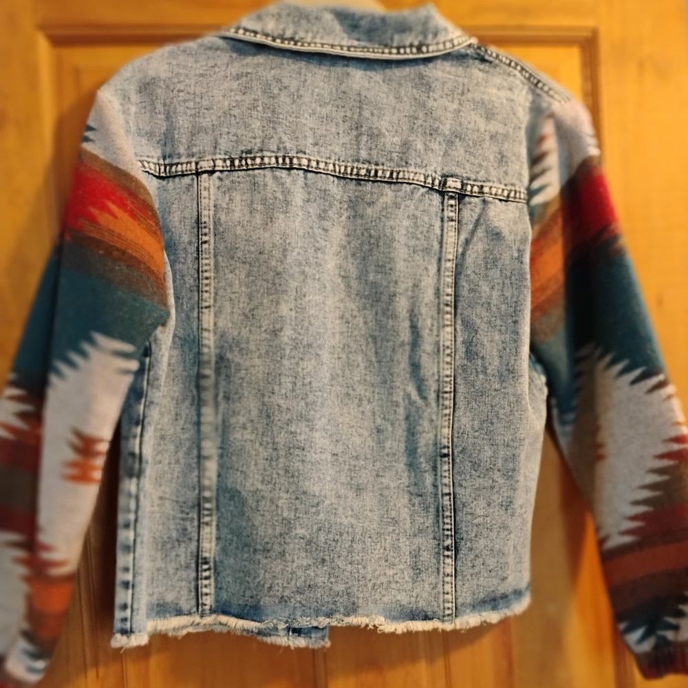Denim Jacket with Colorful Patterned Knit Sleeves And Pockets. - Picture 2 of 2